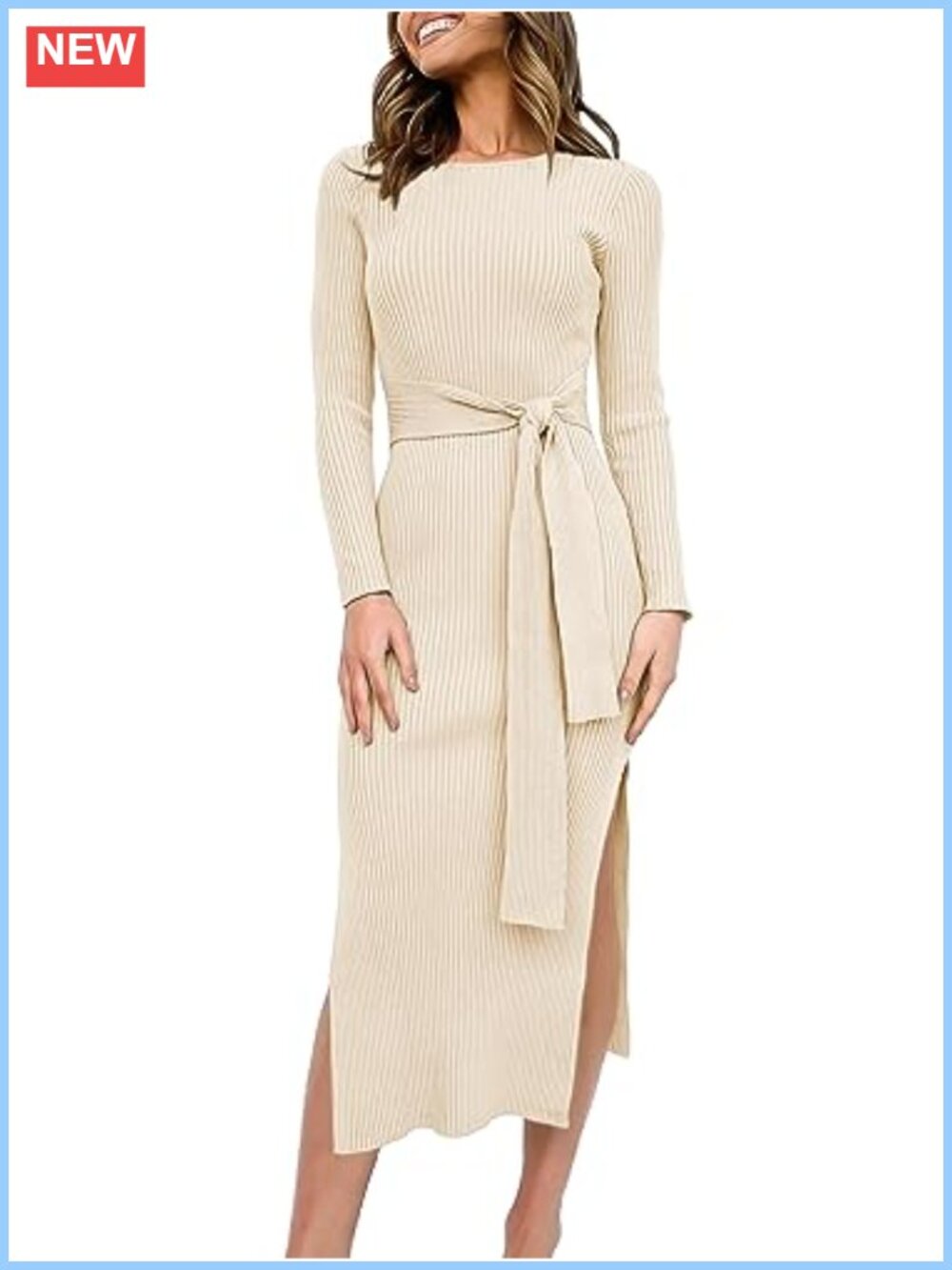 Long Sleeve Bodycon Midi Sweater Dress Crew Neck Tie Waist Side Slit